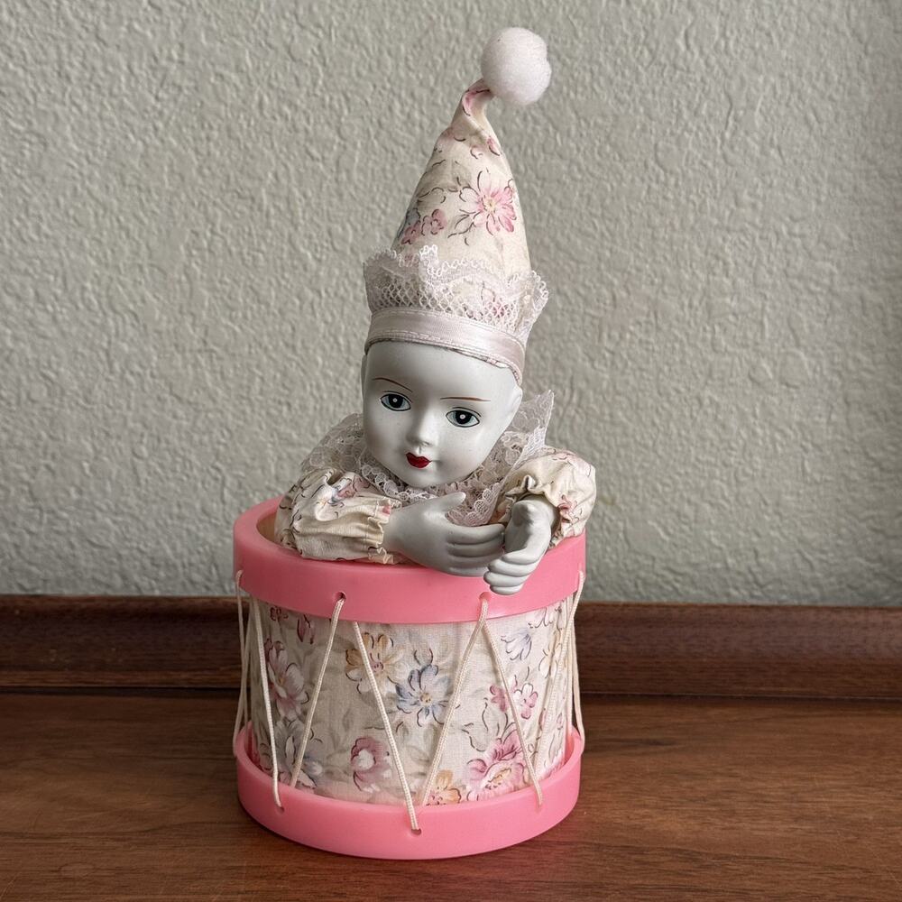 Vintage Floral Porcelain Clown Doll in Pink Drum music box